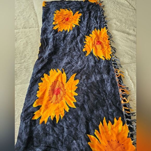 KOKO KNOT Beachy Swim Suit Cover-Up Blue with Orange/Yellow Flowers Print Sarong - Picture 2 of 7